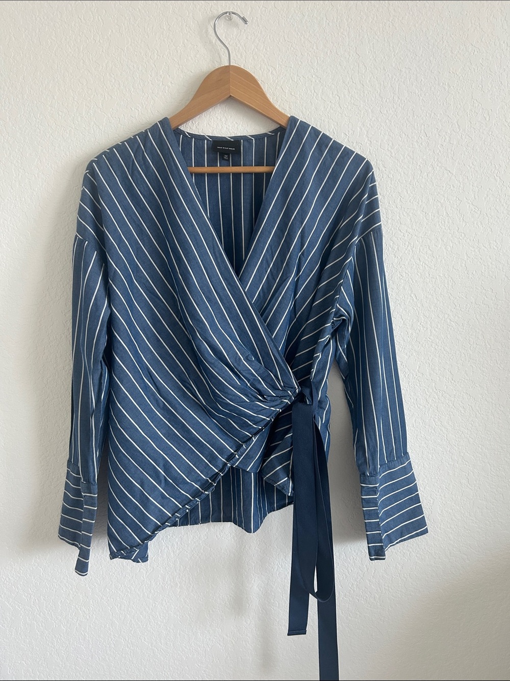 Who What Wear Blue and White Striped Wrap Tie-Front Blouse